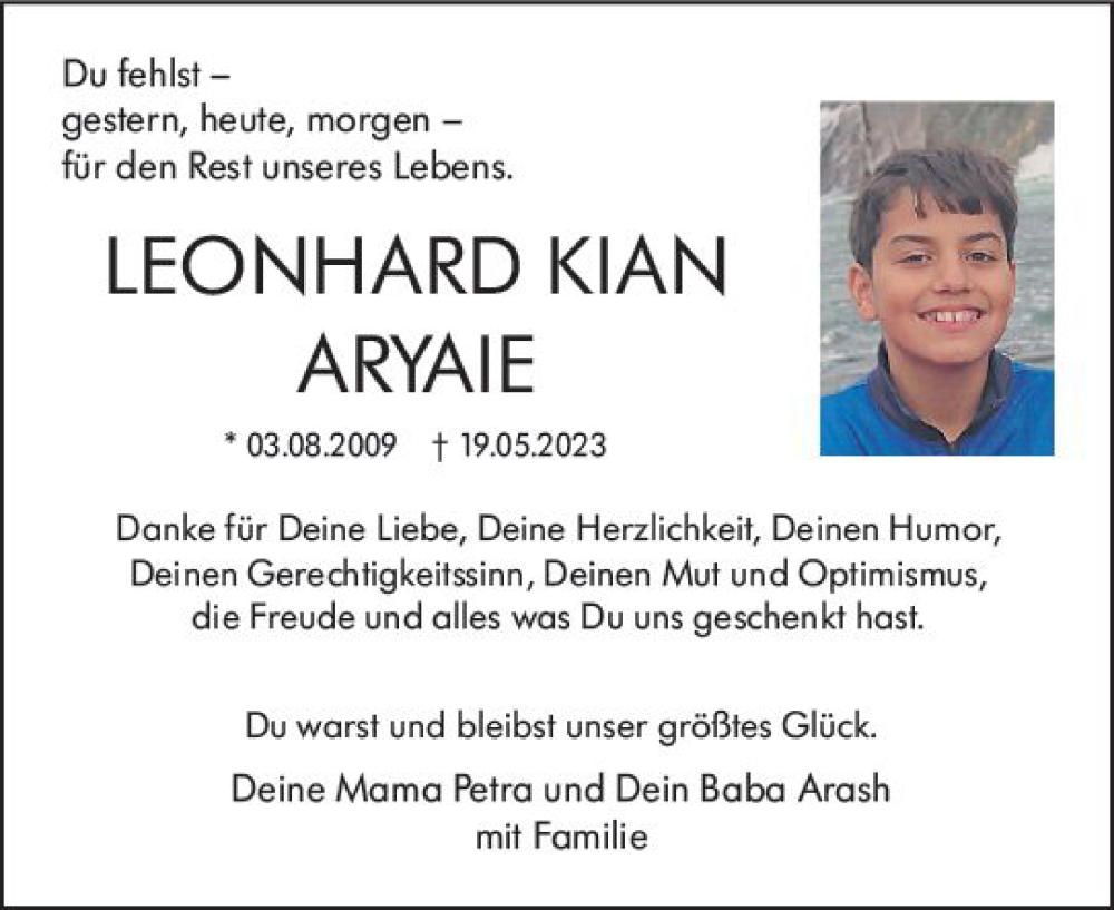  Traueranzeige für Leonhard Kian Aryaie vom 18.05.2024 aus Wiesbadener Kurier