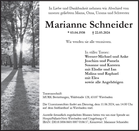 Traueranzeige von Marianne Schneider von Wiesbadener Kurier