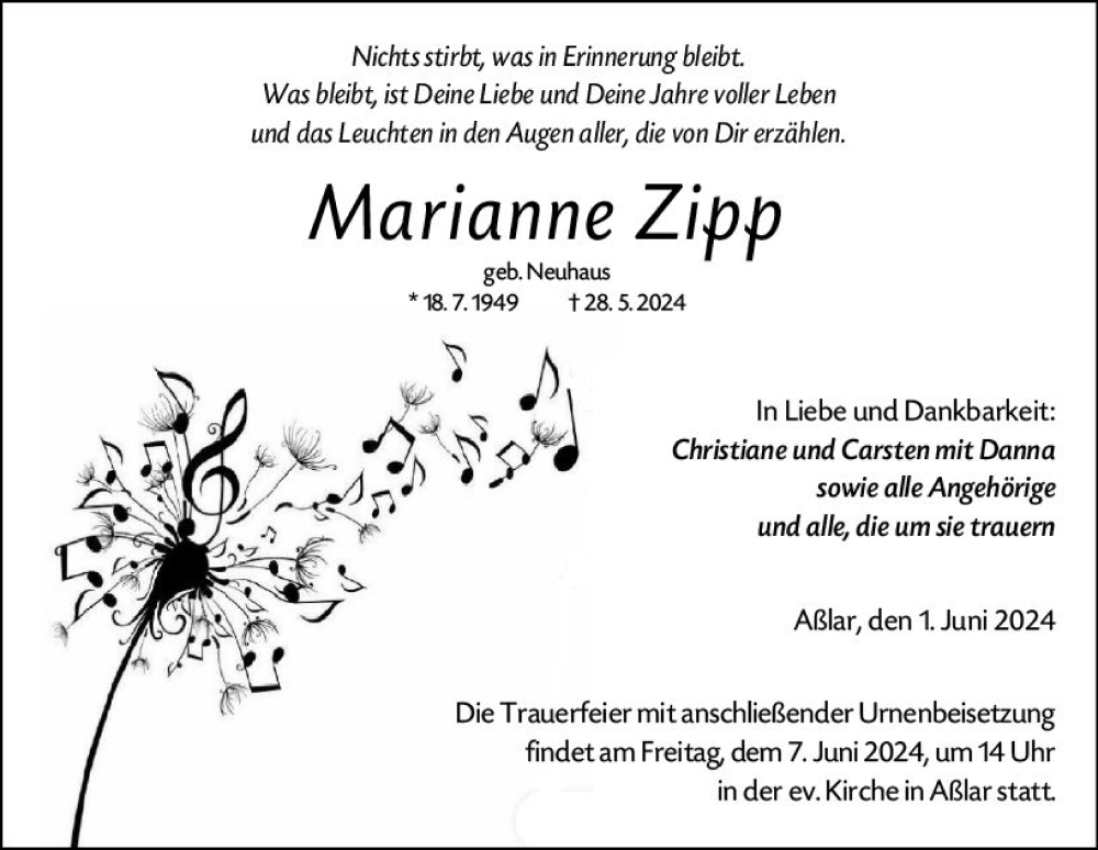  Traueranzeige für Marianne Zipp vom 01.06.2024 aus Wetzlarer Neue Zeitung