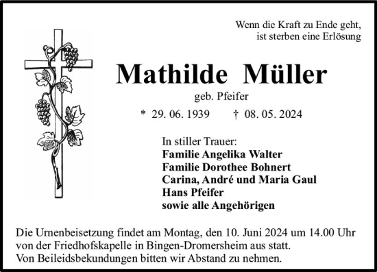 Traueranzeige von Mathilde Müller von Binger-/Ingelheimer Wochenblatt