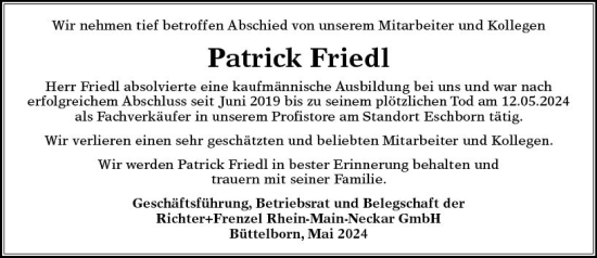 Traueranzeige von Patrick Friedl von Groß-Gerauer Echo