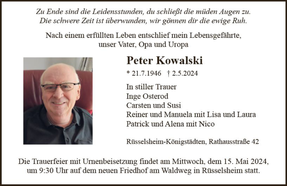 Traueranzeige für Peter Kowalski vom 11.05.2024 aus Rüsselsheimer Echo