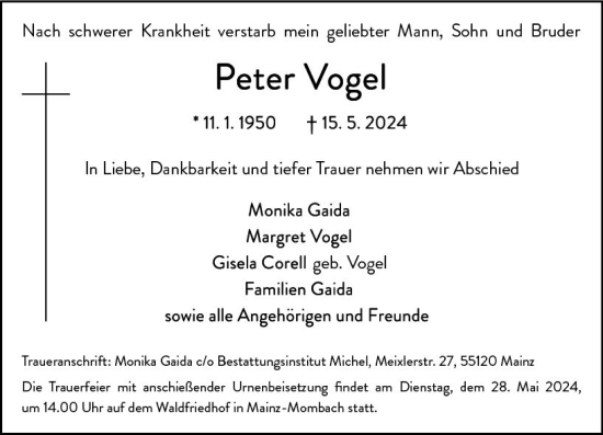 Traueranzeige von Peter Vogel von Allgemeine Zeitung Mainz