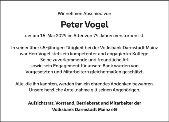 Traueranzeige von Peter Vogel von Allgemeine Zeitung Mainz