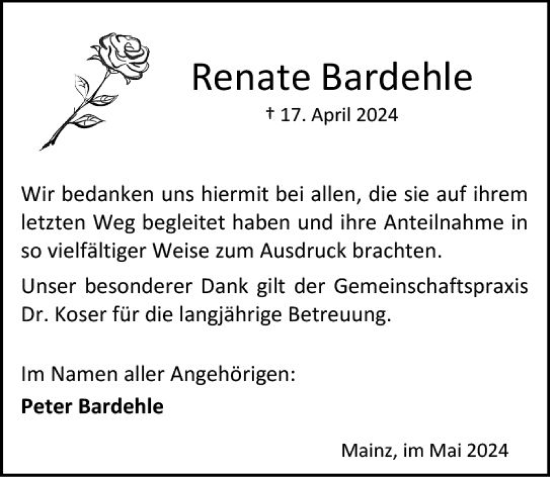 Traueranzeige von Renate Bardehle von Allgemeine Zeitung Mainz