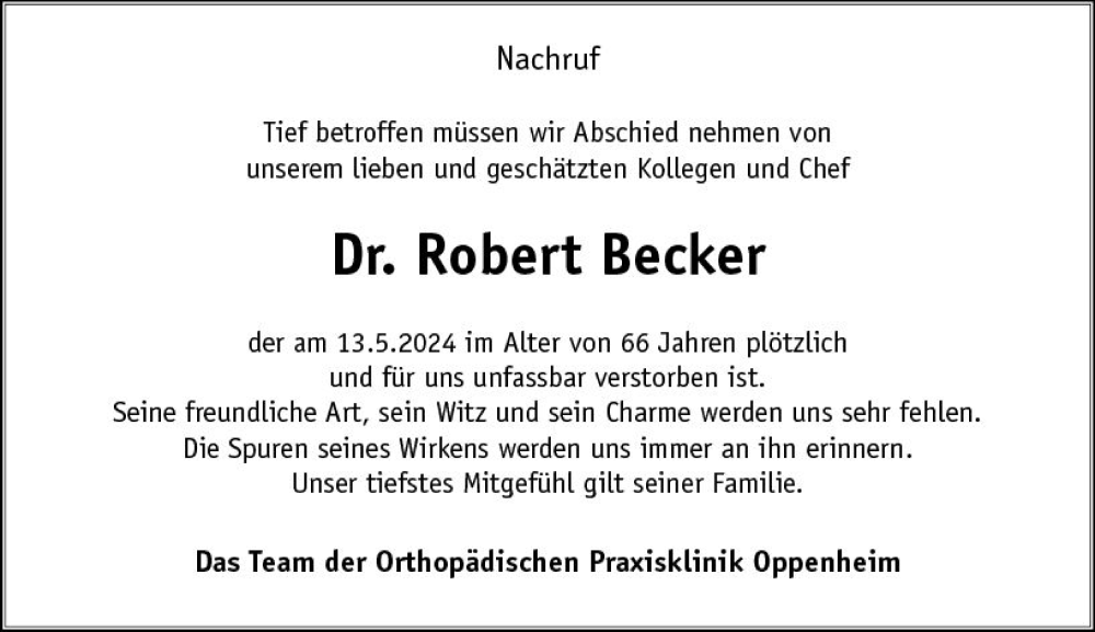  Traueranzeige für Robert Becker vom 18.05.2024 aus Allgemeine Zeitung Mainz