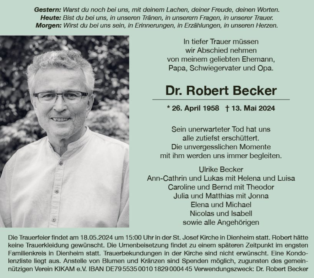  Traueranzeige für Robert Becker vom 15.05.2024 aus Allgemeine Zeitung Mainz