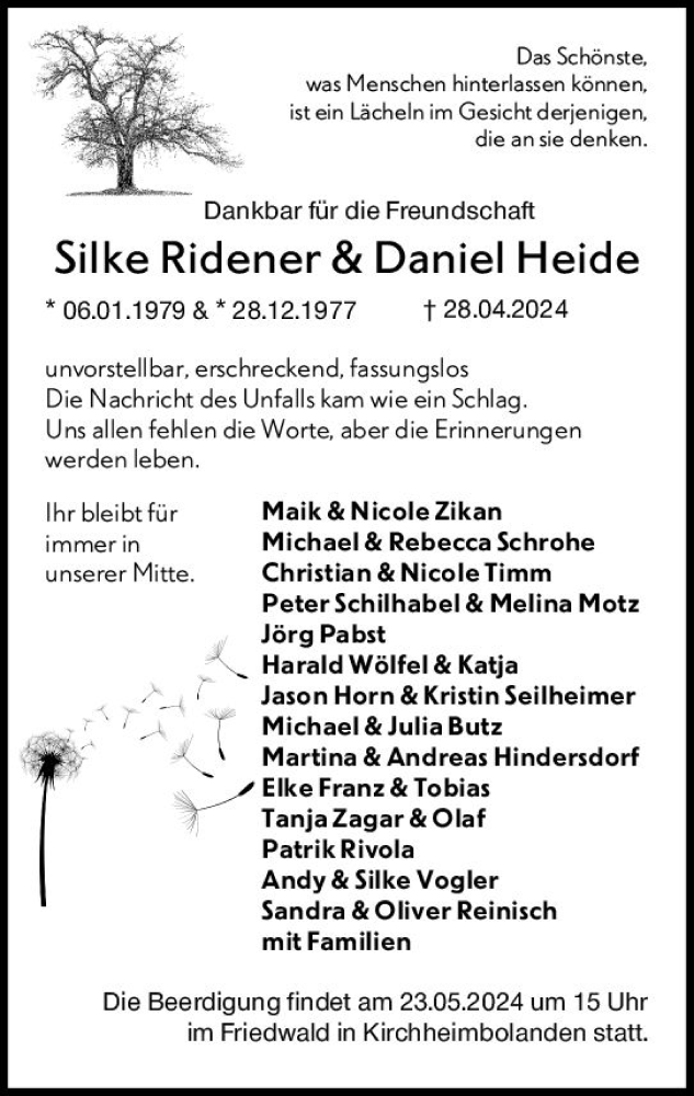 Traueranzeige für Silke Ridener vom 11.05.2024 aus Allgemeine Zeitung Mainz