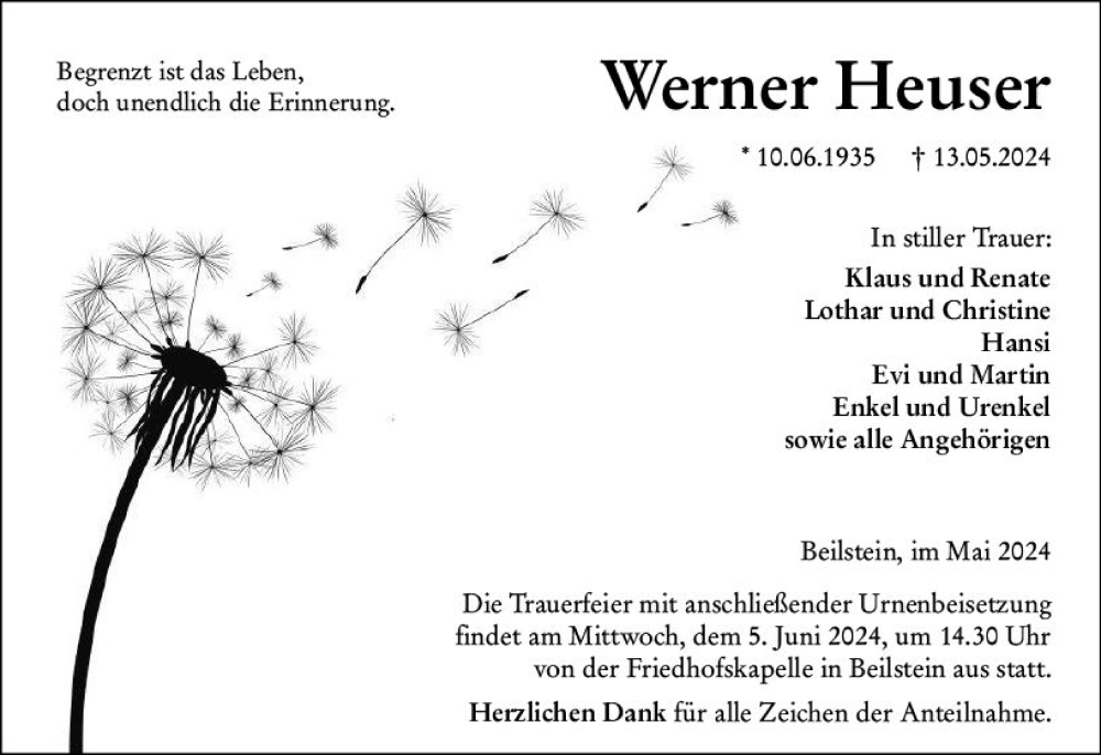 Traueranzeigen von Werner Heuser | www.vrm-trauer.de