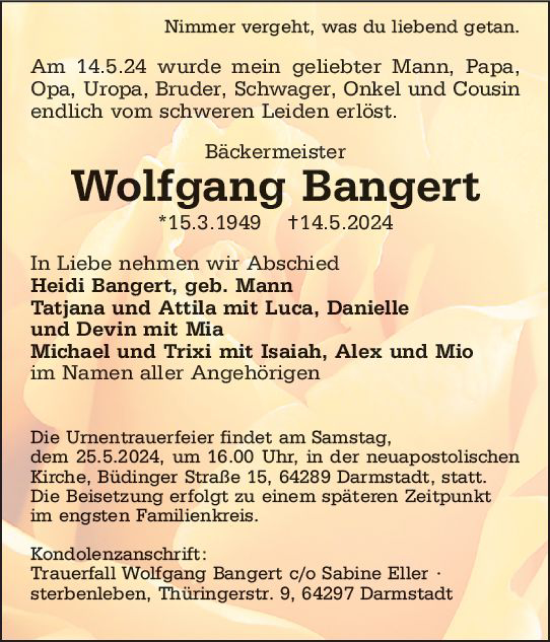 Traueranzeige von Wolfgang Bangert von Darmstädter Echo