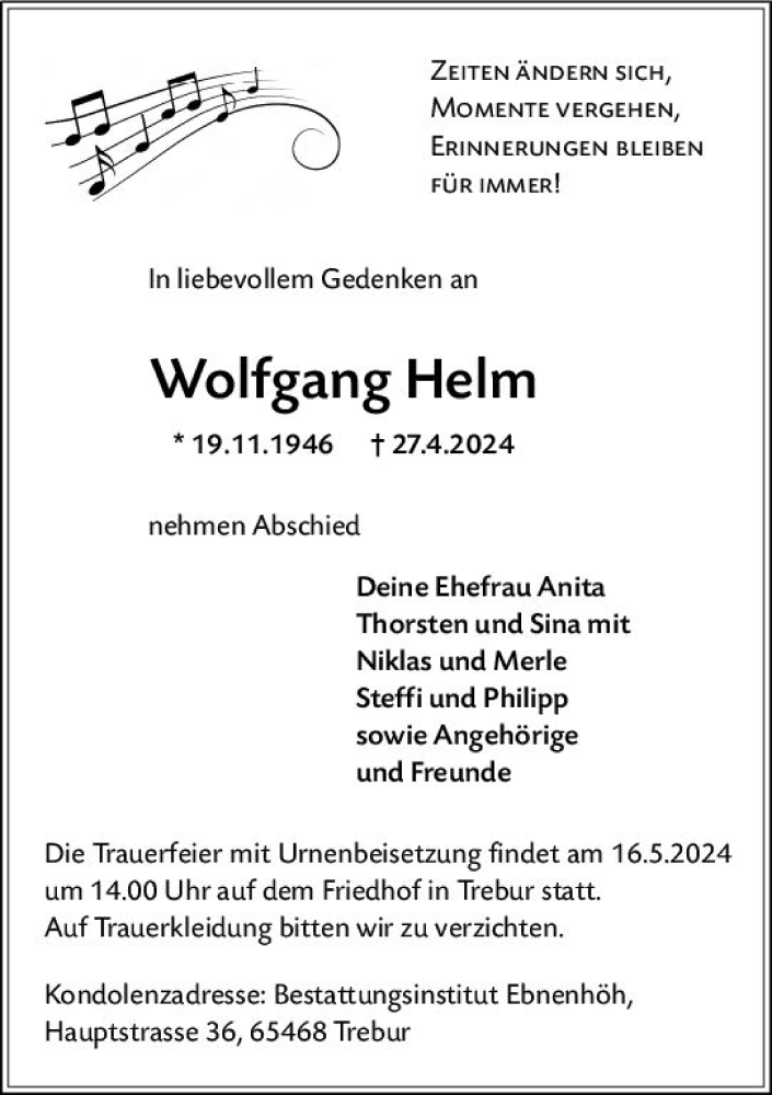  Traueranzeige für Wolfgang Helm vom 11.05.2024 aus Rüsselsheimer Echo