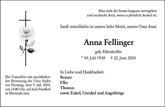 Traueranzeige von Anna Fellinger von Darmstädter Echo