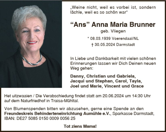 Traueranzeige von Anna Maria Brunner von Darmstädter Echo