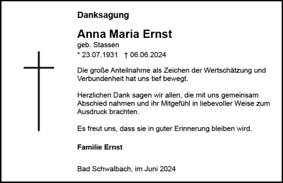 Traueranzeige von Anna Maria Ernst von Idsteiner Land/Untertaunus