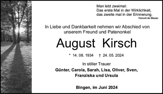 Traueranzeige von August Kirsch von Allgemeine Zeitung Bingen/Ingelheim