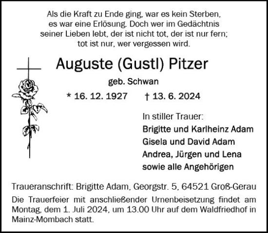 Traueranzeige von Auguste Pitzer von Allgemeine Zeitung Mainz