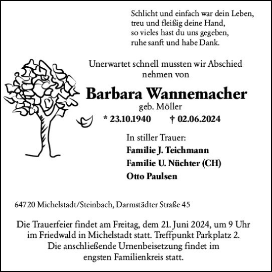 Traueranzeige von Barbara Wannemacher von Odenwälder Echo