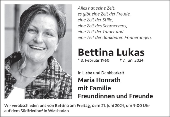 Traueranzeige von Bettina Lukas von Wiesbadener Kurier