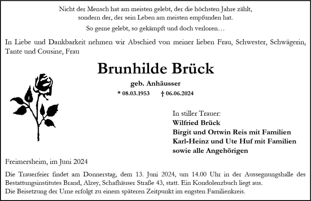 Traueranzeige für Brunhilde Brück vom 08.06.2024 aus Allgemeine Zeitung Alzey