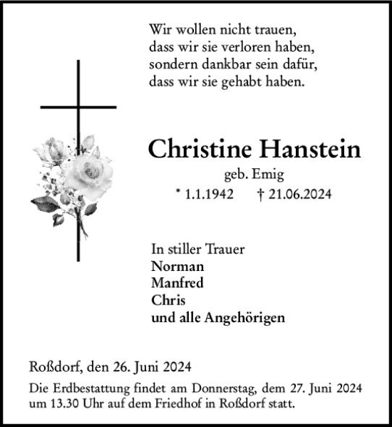 Traueranzeige von Christine Hanstein von Darmstädter Echo