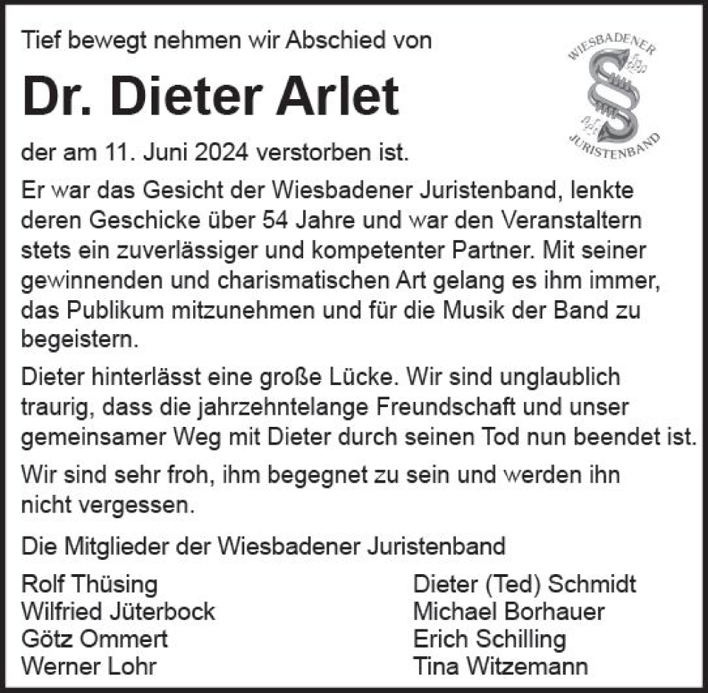  Traueranzeige für Dieter Arlet vom 22.06.2024 aus Wiesbadener Kurier