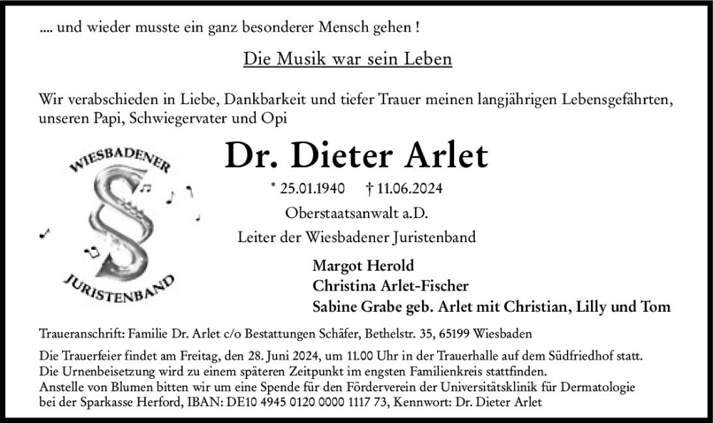  Traueranzeige für Dieter Arlet vom 22.06.2024 aus Wiesbadener Kurier