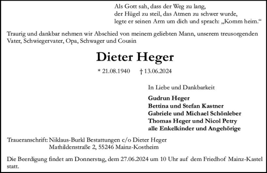 Traueranzeige von Dieter Heger von Allgemeine Zeitung Mainz