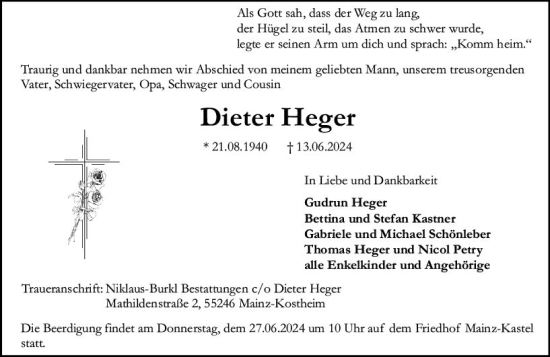 Traueranzeige von Dieter Heger von Allgemeine Zeitung Mainz