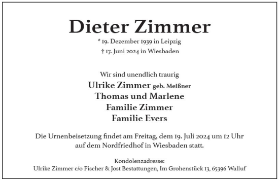 Traueranzeige von Dieter Zimmer von Wiesbadener Kurier