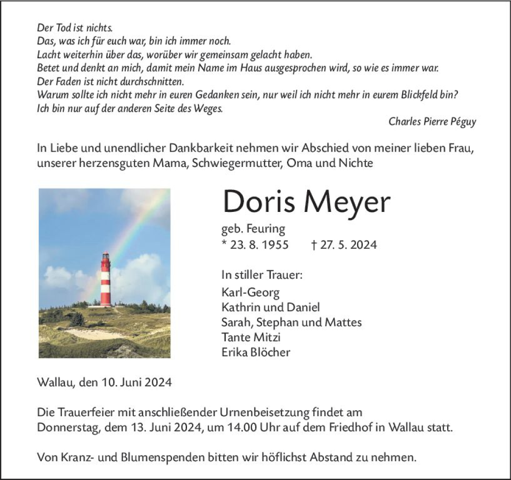  Traueranzeige für Doris Meyer vom 10.06.2024 aus Hinterländer Anzeiger