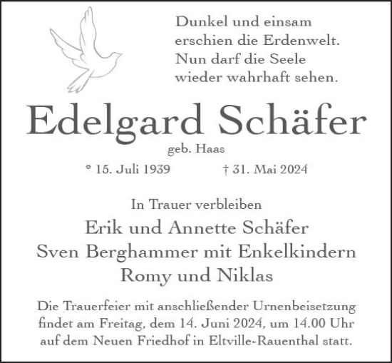 Traueranzeige von Edelgard Schäfer von Wiesbadener Kurier