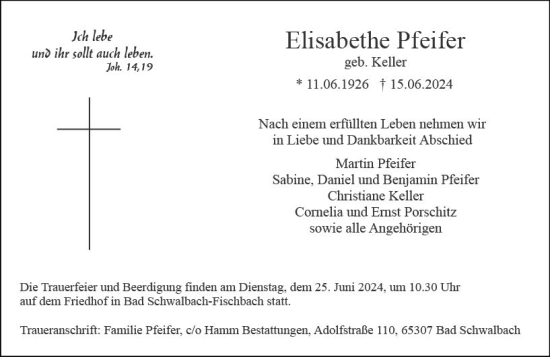 Traueranzeige von Elisabethe Pfeifer von Wiesbadener Kurier