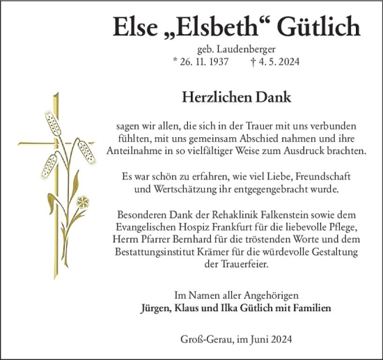 Traueranzeige von Else Gütlich von Groß-Gerauer Echo