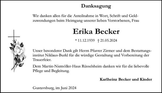 Traueranzeige von Erika Becker von Allgemeine Zeitung Mainz