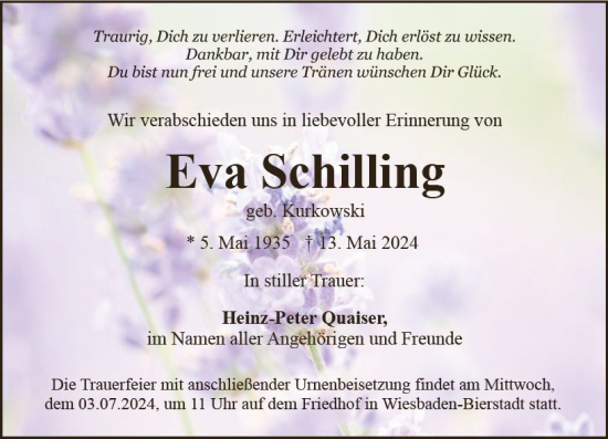 Traueranzeige von Eva Schilling von Wiesbadener Kurier