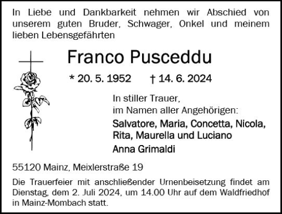 Traueranzeige von Franco Pusceddu von Allgemeine Zeitung Mainz