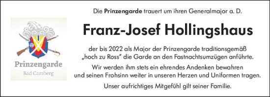 Traueranzeige von Franz-Josef Hollingshaus von Camberger Anzeiger