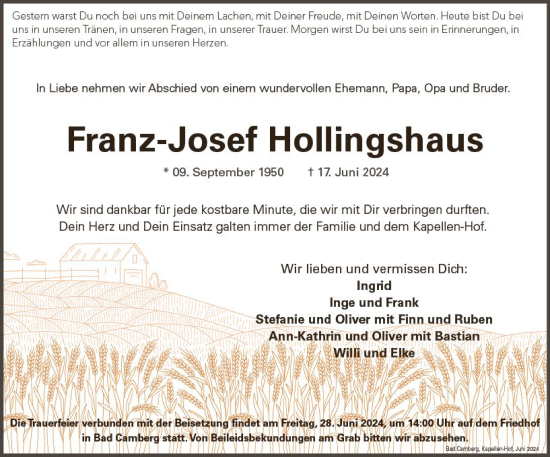 Traueranzeige von Franz-Josef Hollingshaus von Nassauische Neue Presse