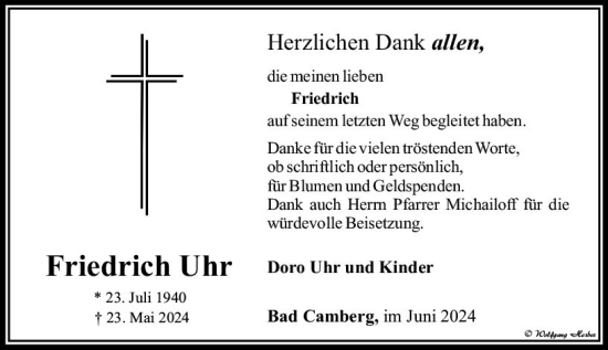 Traueranzeige von Friedrich Uhr von Camberger Anzeiger