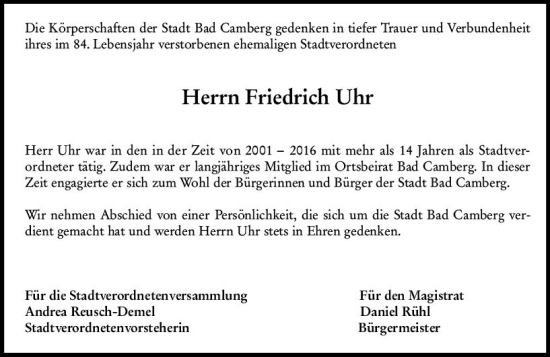 Traueranzeige von Friedrich Uhr von Camberger Anzeiger