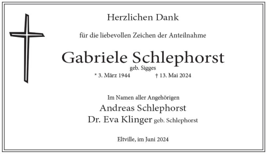 Traueranzeige von Gabriele Schlephorst von Wiesbadener Kurier