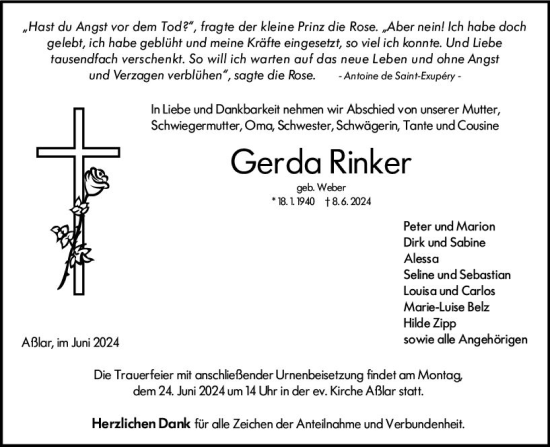 Traueranzeige von Gerda Rinker von Wetzlarer Neue Zeitung