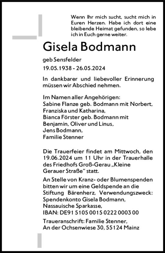 Traueranzeige von Gisela Bodmann von Groß-Gerauer Echo