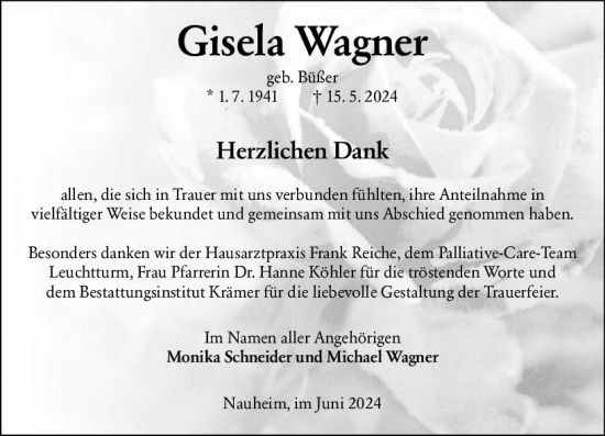 Traueranzeige von Gisela Wagner von Groß-Gerauer Echo