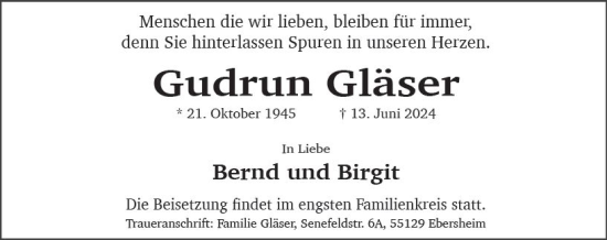 Traueranzeige von Gudrun Gläser von Allgemeine Zeitung Mainz