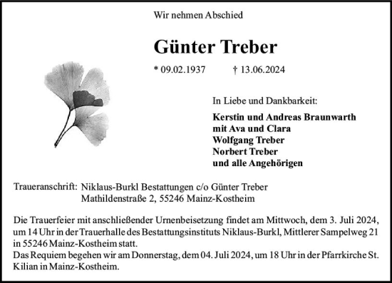 Traueranzeige von Günter Treiber von Allgemeine Zeitung Mainz