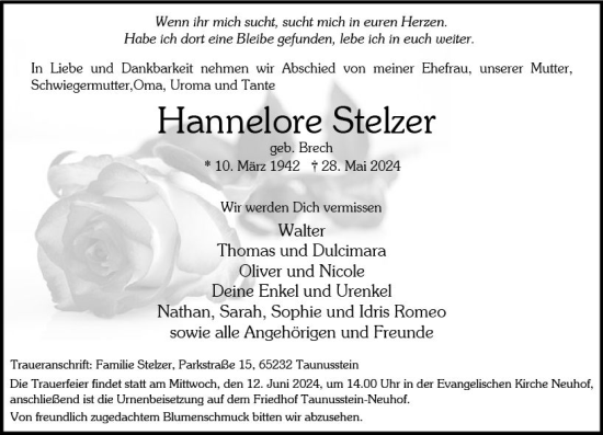 Traueranzeige von Hannelore Stelzer von Wiesbadener Kurier