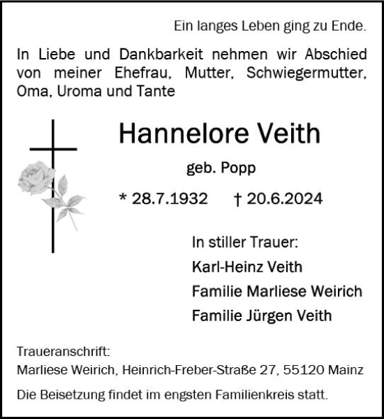 Traueranzeige von Hannelore Veith von Allgemeine Zeitung Mainz