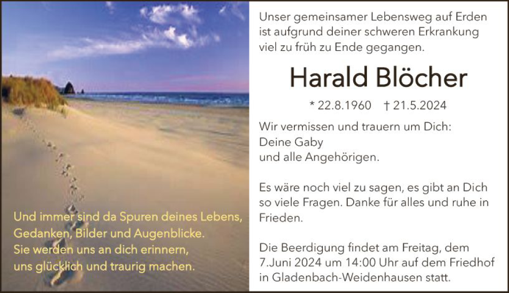  Traueranzeige für Harald Blöcher vom 04.06.2024 aus Hinterländer Anzeiger