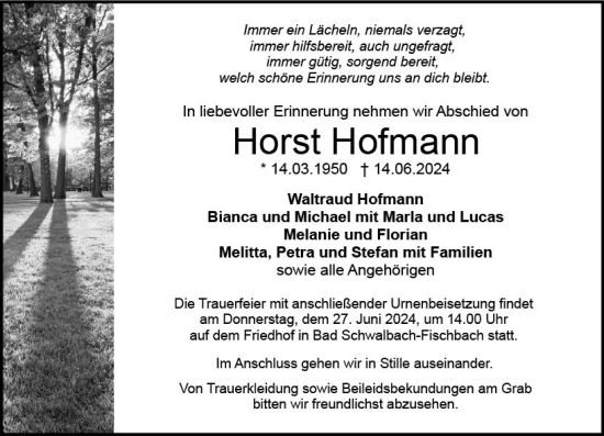 Traueranzeige von Horst Hofmann von Wiesbadener Kurier